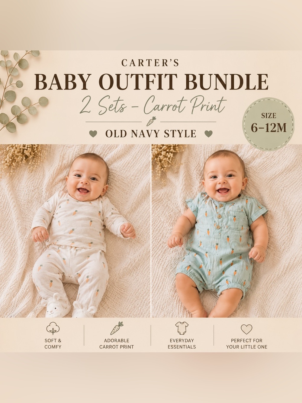 Baby Outfit Bundle Carters/Old Navy Style 2 Sets Carrot Print (6–12M)